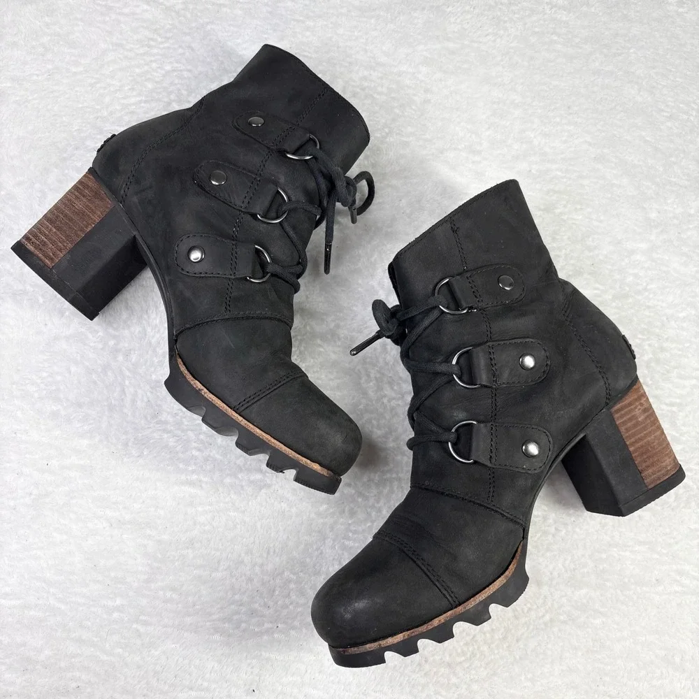 Sorel‎ Addington Lace Black Leather Ankle Boots NL2360-010 Womens 8 Waterproof